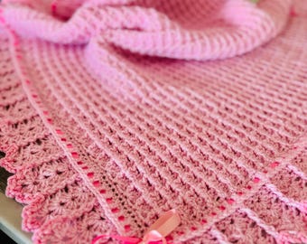 Handmade Pink Crochet Baby Blanket, Heirloom Baby Girl Afghan with Scalloped Edge & Satin Ribbon, Newborn Baby Shower Gift, Nursery Keepsake