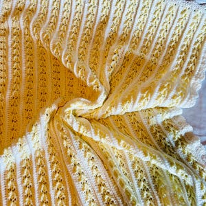Handmade Crochet Baby Blanket: White & Yellow Afghan, Scalloped Border