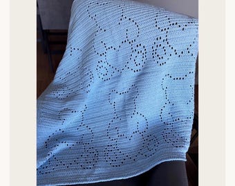 Manta de bebé tejida a mano a crochet - Manta de osito de peluche azul a crochet - Regalo ideal para baby shower - Decoración de estilo vintage para la habitación del bebé