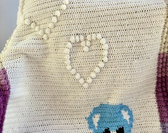 Crochet White Baby Blanket, Christening blanket, Teddy Bear and hearts blanket.