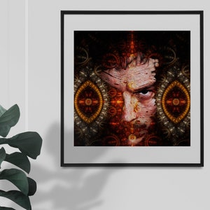 Puede incluir: Una impresi&oacute;n de arte digital de la cara de un hombre con un efecto agrietado y texturizado. El fondo es un patr&oacute;n oscuro e intrincado con tonos de rojo, naranja y dorado.
