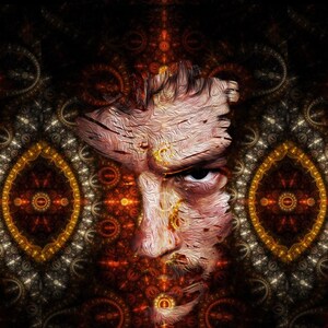 Puede incluir: Un primer plano de la cara de un hombre, parcialmente oscurecida por un fondo abstracto de color naranja, amarillo y negro. La cara del hombre est&aacute; pintada en un estilo texturizado, con pinceladas visibles.