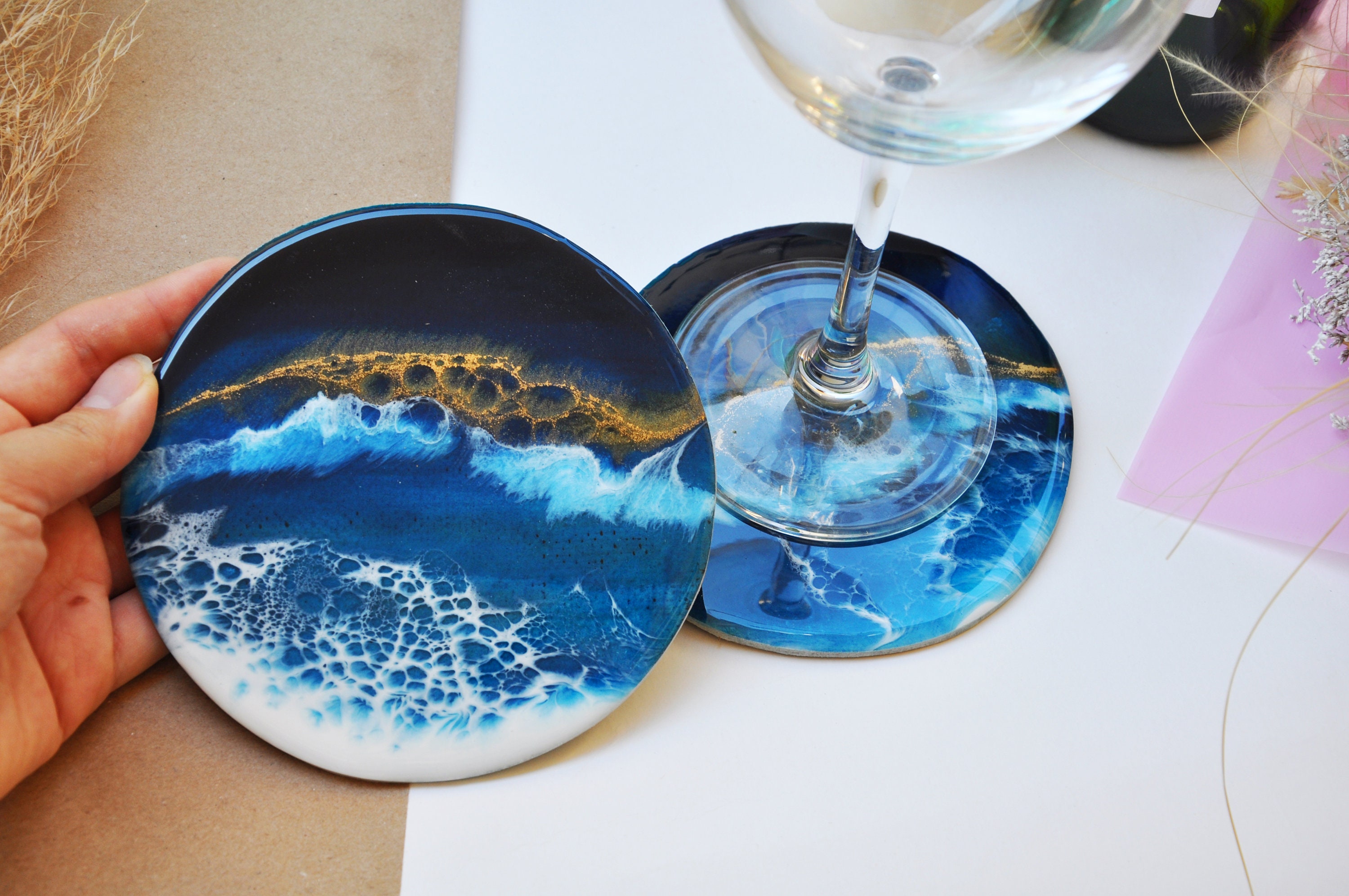 Drink Coasters Ocean Art / Christmas gift / Set of Ocean Resin Etsy