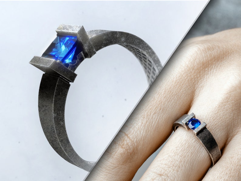 Oxidized HANDMADE Ring-GEOMETRIC Ring-Mens Engagement Ring-FANTASY Signet Ring-Signet Ring-Sci Fi-Futuristic-Blue Stone Ring-Extropic