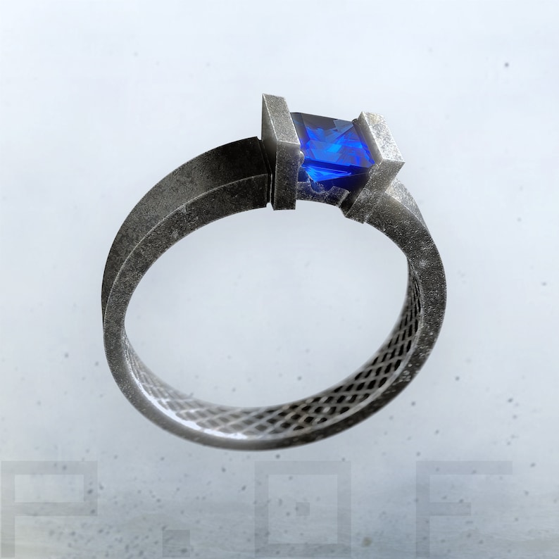 Oxidized HANDMADE Ring-GEOMETRIC Ring-Mens Engagement Ring-FANTASY Signet Ring-Signet Ring-Sci Fi-Futuristic-Blue Stone Ring-Extropic