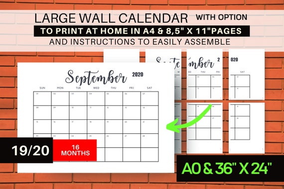 2019 2020 Extra Large Wall Calendar Printable Instant