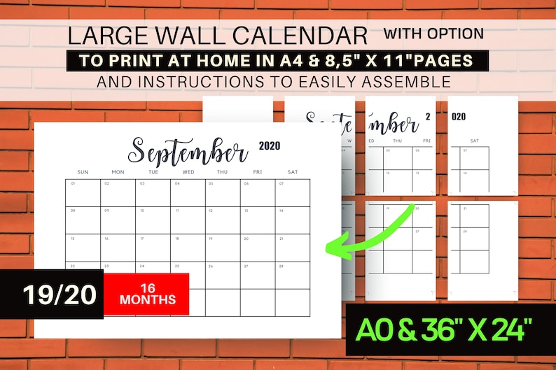 2019-2020 Extra Large Wall Calendar Printable Instant Download | Etsy