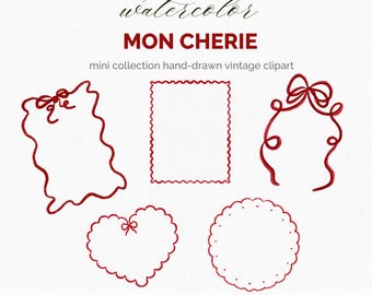 Watercolor Bow Frame Clipart | Vintage Red PNGs | Mon Cherie Coquette Label Borders | Hand Drawn Digital Frames for Junk Journals & Cards
