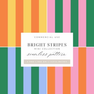 Pode incluir: Um design de padrão sem costura colorido com listras verticais em várias cores brilhantes, incluindo laranja, amarelo, verde, rosa e azul. O design inclui o texto "BRIGHT STRIPES MINI COLLECTION seamless pattern".