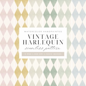 May include: A watercolour hand-painted vintage harlequin seamless pattern. The design features a repeating diamond pattern in pastel colours: pink, gold, green, and blue. The image includes the text "6 PNG | 300 DPI | 30x30 cm."
