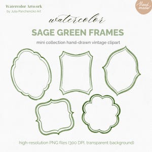 Clipart cadres aquarelle vert sauge – 5 PNG d'étiquettes vintage dessinées à la main | Fond transparent | Bordures décoratives et cadres d'invitation