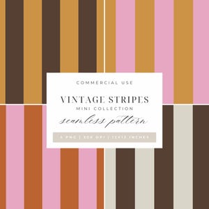 Puede incluir: Una impresión de arte digital con un patrón sin costuras de rayas verticales en tonos marrón, beige, rosa y blanco. El texto "Vintage Stripes Mini Collection" se muestra en un rectángulo blanco. La imagen mide 30,48 x 30,48 cm.