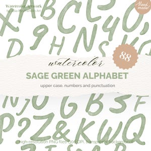 Saliegroen aquarelalfabet | Handgeschilderde hoofdletters, cijfers, interpunctie | ABC clipart transparante png | Naadloos patroon