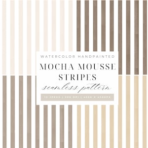 Puede incluir: Papel digital pintado a la acuarela con rayas verticales en tonos moca, crema y beige. El texto "MOCHA MOUSSE STRIPES" y "seamless pattern" se muestra. La imagen mide 4500 x 4500px.