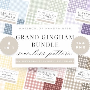 May include: A digital art bundle featuring six watercolor gingham seamless patterns in various colors, including baby blue, sage green, lavender, butter yellow, dusty rose, and warm beige. The image includes the text "Grand Gingham Bundle" and "seamless pattern".