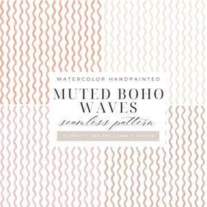 Könnte beinhalten: Digitaler Kunstdruck mit vier nahtlosen Mustern mit gedämpften Boho-Wellen-Designs. Die Muster sind in Rosa-, Beige- und Beigetönen gehalten. Der Text lautet "Watercolor Handpainted Muted Boho Waves seamless pattern".