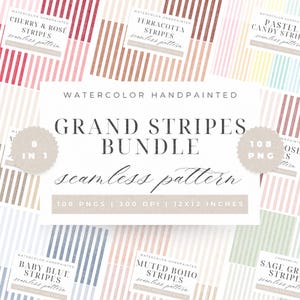 Könnte beinhalten: Eine Sammlung handgemalter Aquarell-Streifenmuster in verschiedenen Farben, darunter Cherry & Rosé, Terrakotta und Babyblau. Das Bild zeigt eine zentrale Grafik mit der Aufschrift "GRAND STRIPES BUNDLE seamless pattern" mit 108 PNGs und 30,48 x 30,48 cm.