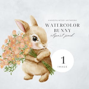 Conejito de acuarela, clipart / Primavera, conejo de Pascua con flores / PNG pintado a mano / IMAGEN ÚNICA / para invitaciones, arte de pared, calcomanías