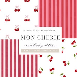 Aquarelle transparente motif cerise Mon Cherie | Rayures rouges roses | Coquette vintage | Papier numérique de fond | Tissu imprimable pour scrapbooking