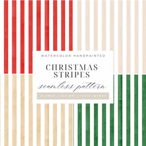 May include: Watercolor hand-painted Christmas stripes seamless pattern. The image features four sections with vertical stripes in red, cream, and green. The text on the image reads "Christmas Stripes" and "seamless pattern".