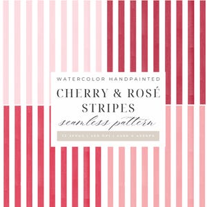 Cherry Rosé Watercolor Seamless Pattern | Red Pink Vertical Stripes Digital Paper | Background Texture | Coquette Scrapbook, Fabric Design