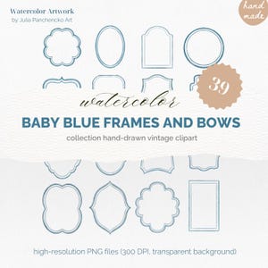 Baby Blue Watercolor Frames & Bows – Vintage Hand Drawn Digital Download PNG | Weddings Nursery Print Coquette Bow Invitation Borders Label