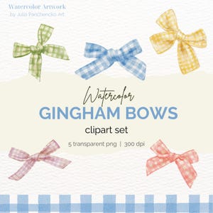 Watercolor Gingham Bows Clipart | Hand Painted Pastel Ribbons PNG | Vintage Bow Illustration for Scrapbooking, Cards, Stickers, Invitations