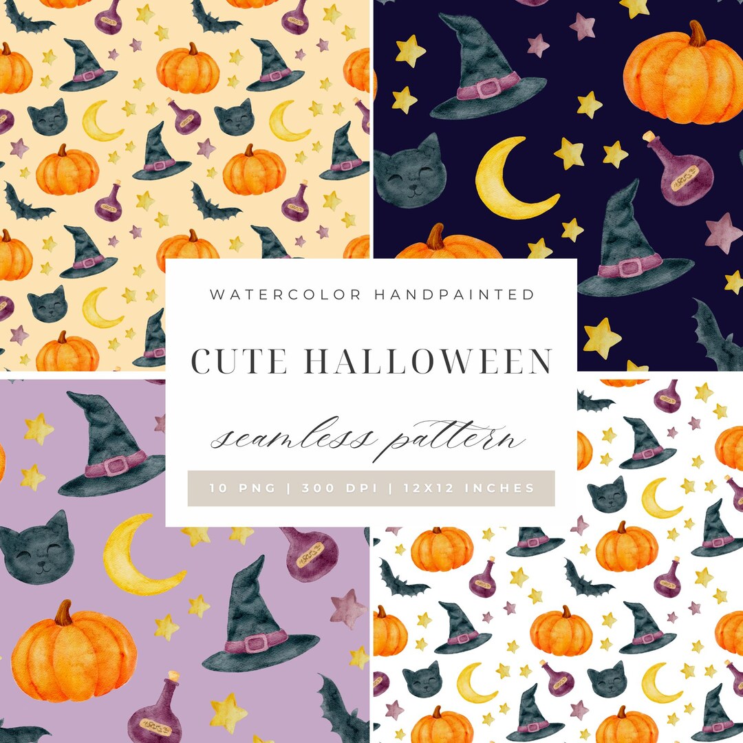 Halloween Watercolor Seamless Pattern | Pumpkin, Witch Hat, Black Cat ...