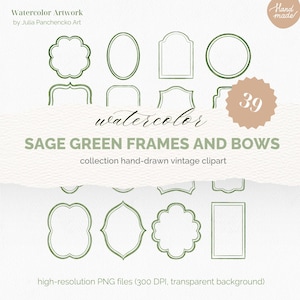 Molduras e Laços em Aquarela Verde-Sálvia – Download Digital Vintage Desenhado à Mão PNG | Bordas de Convites com Laço e Estampa de Coquete para Berçário e Casamentos