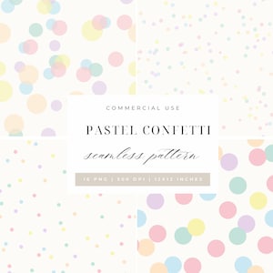 Può includere: Un design digitale con un motivo senza cuciture di coriandoli pastello nei toni del rosa, giallo, blu e viola. Il design include il testo "PASTEL CONFETTI seamless pattern" e "12x12 INCHES" (30,48 cm x 30,48 cm).