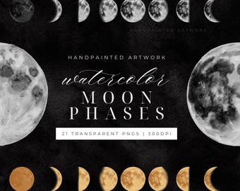 Watercolor Moon Phases Clipart | Transparent PNGs | 21 IMAGES | Hand-Painted Celestial Galaxy Clip Art | Full Moon, Decorated Moon