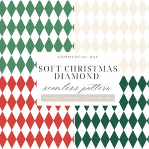 Könnte beinhalten: Digitales Bild mit vier nahtlosen Mustern mit rautenförmigen Formen in Rot, Grün und Creme. Der Text lautet "SOFT CHRISTMAS DIAMOND seamless pattern". Das Bild ist mit "COMMERCIAL USE" gekennzeichnet.