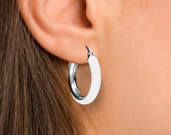 Round Hoop Earrings with White Enamel, Sterling Silver 925, Minimalist earrings, Chunky silver hoops
