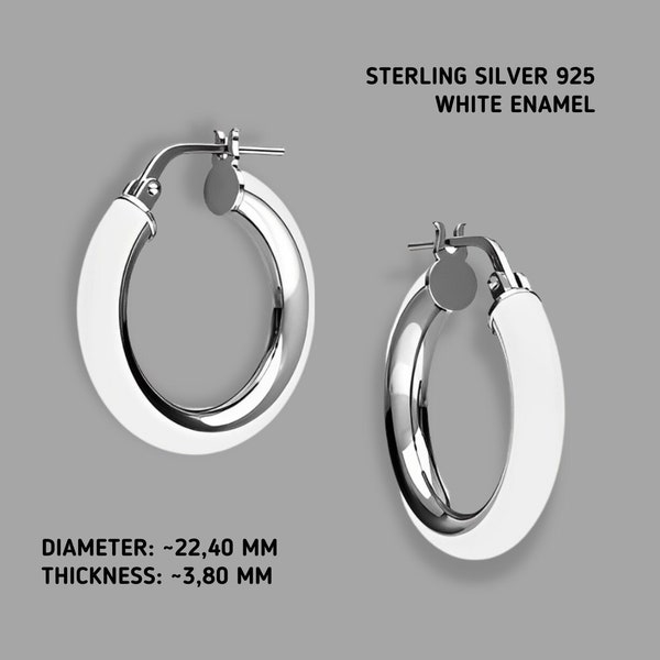 White Enamel Round Hoop Earrings with Clasp, Sterling Silver 925