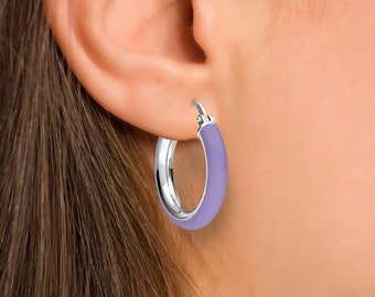 Light purple Enamel Sterling Silver Round Hoop Earrings with Clasp, Everyday Hoops