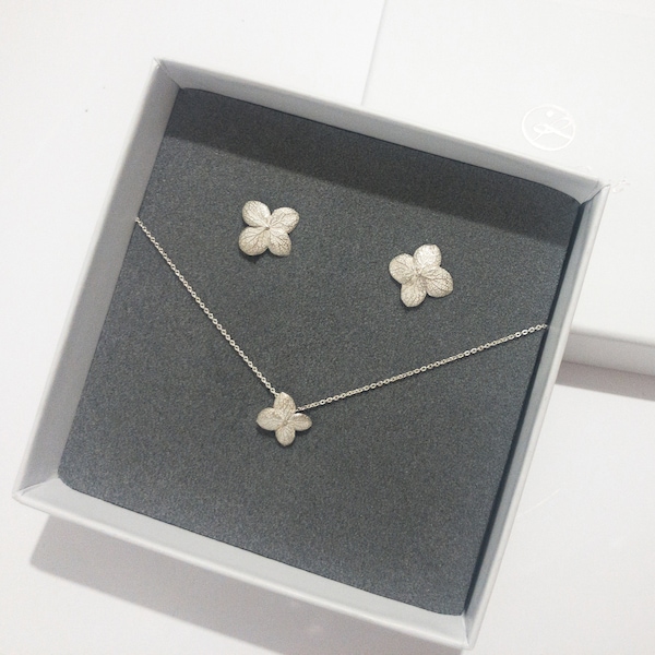 Hydrangea jewelry set, Stud unusual earrings and tiny flower necklace sterling silver, real flower necklace layered necklace set