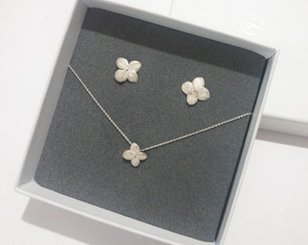 Hydrangea jewelry set, Stud unusual earrings and tiny flower necklace sterling silver, real flower necklace layered necklace set