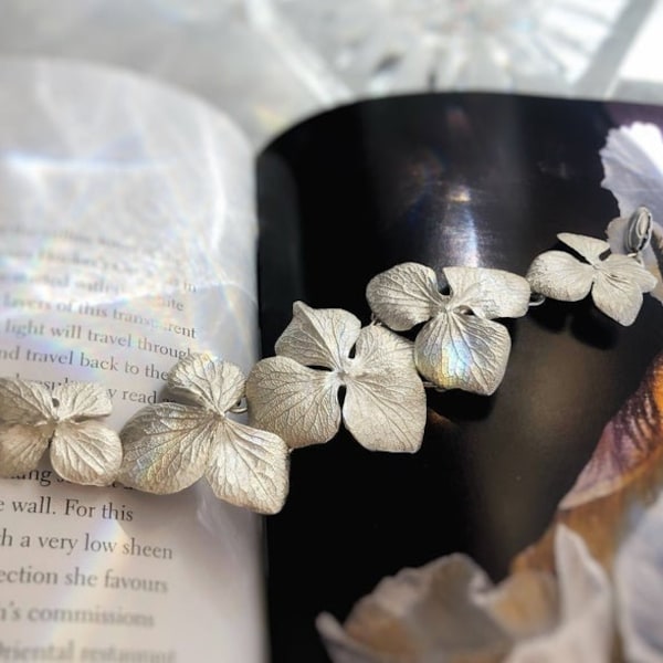 Hydrangea Fleurs Bracelet Argent Sterling, Bijoux Botaniques Feuille d’Argent, Bijoux Esthétiques Bijoux Nature