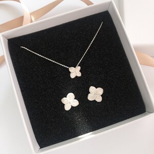 Hydrangea jewelry set, Stud unusual earrings and tiny flower necklace sterling silver, real flower necklace layered necklace set image 2