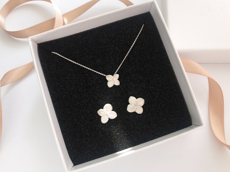 Hydrangea jewelry set, Stud unusual earrings and tiny flower necklace sterling silver, real flower necklace layered necklace set image 2