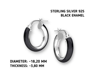 Black Enamel Round Hoop Earrings with Clasp, ~ 20 x 4 mm, Sterling Silver 925