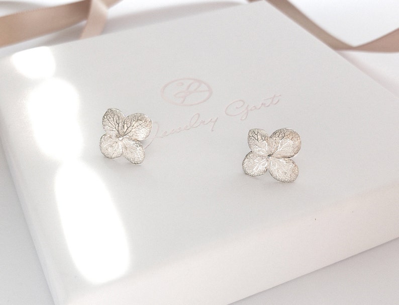 Hydrangea jewelry set, Stud unusual earrings and tiny flower necklace sterling silver, real flower necklace layered necklace set image 9