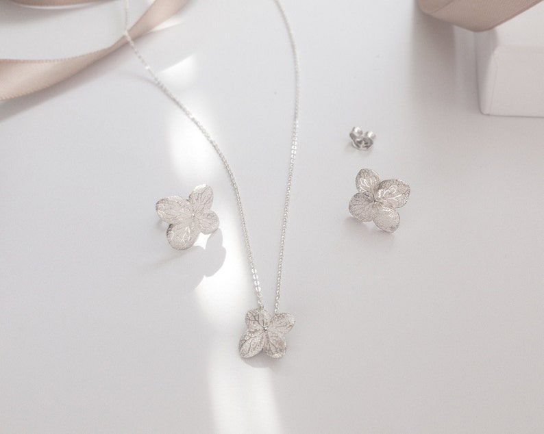 Hydrangea jewelry set, Stud unusual earrings and tiny flower necklace sterling silver, real flower necklace layered necklace set image 5