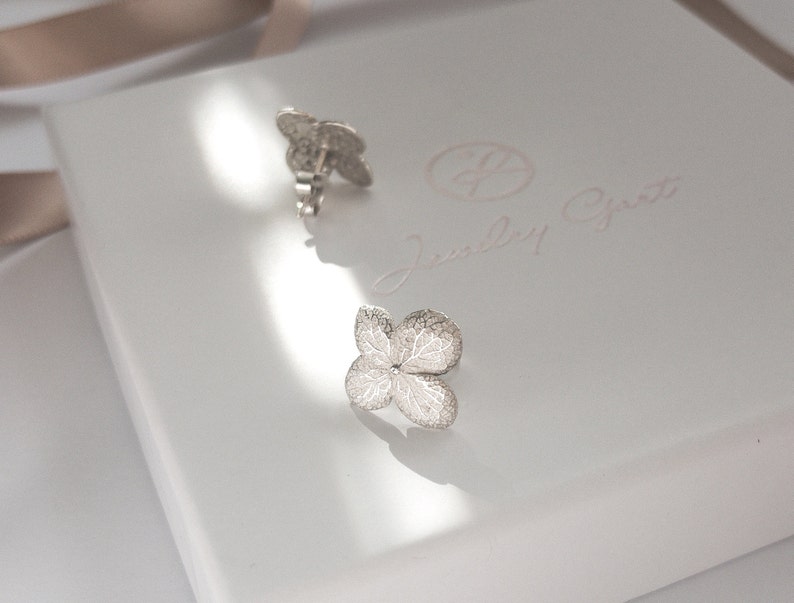 Hydrangea jewelry set, Stud unusual earrings and tiny flower necklace sterling silver, real flower necklace layered necklace set image 7