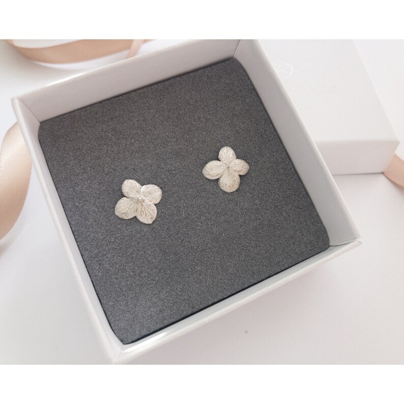 Hydrangea jewelry set, Stud unusual earrings and tiny flower necklace sterling silver, real flower necklace layered necklace set image 3