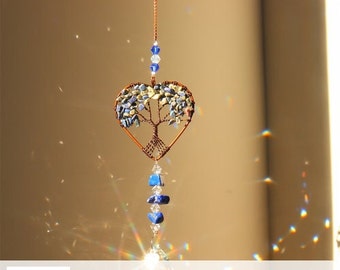 Handmade Crystal Tree of Life Heart Hanging Charm in Blue