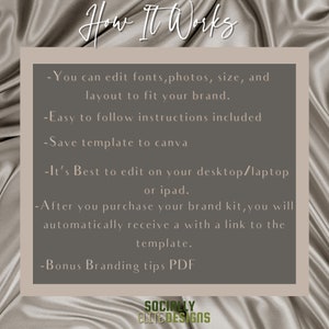 May include: A beige background with text that reads "How It Works" and a list of instructions for editing a template. The instructions include editing fonts, photos, size, and layout to fit your brand, following instructions, saving the template to Canva, editing on a desktop or iPad, receiving a link to the template after purchase, and bonus branding tips in a PDF. The text "SOCIALLY ELITE DESIGNS" is at the bottom of the image.