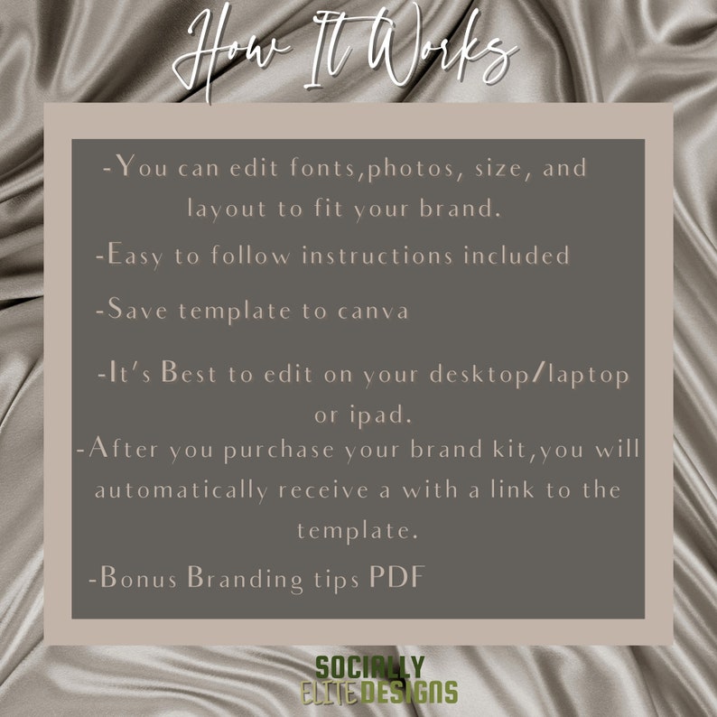 May include: A beige background with text that reads "How It Works" and a list of instructions for editing a template. The instructions include editing fonts, photos, size, and layout to fit your brand, following instructions, saving the template to Canva, editing on a desktop or iPad, receiving a link to the template after purchase, and bonus branding tips in a PDF. The text "SOCIALLY ELITE DESIGNS" is at the bottom of the image.