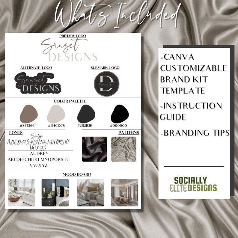 May include: A graphic design template for a brand kit with a color palette, fonts, patterns, and mood board. The template includes a Canva customizable brand kit, instruction guide, and branding tips. The brand name is "Sunset Designs".