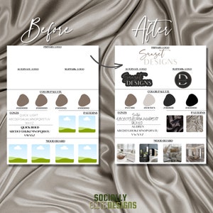 May include: A before and after image showing the design process for a logo. The before image shows a brown color palette with a simple logo design. The after image shows a more refined logo design with a color palette of brown, gray, black, and white. The text "Sunset Designs" is featured in the logo.